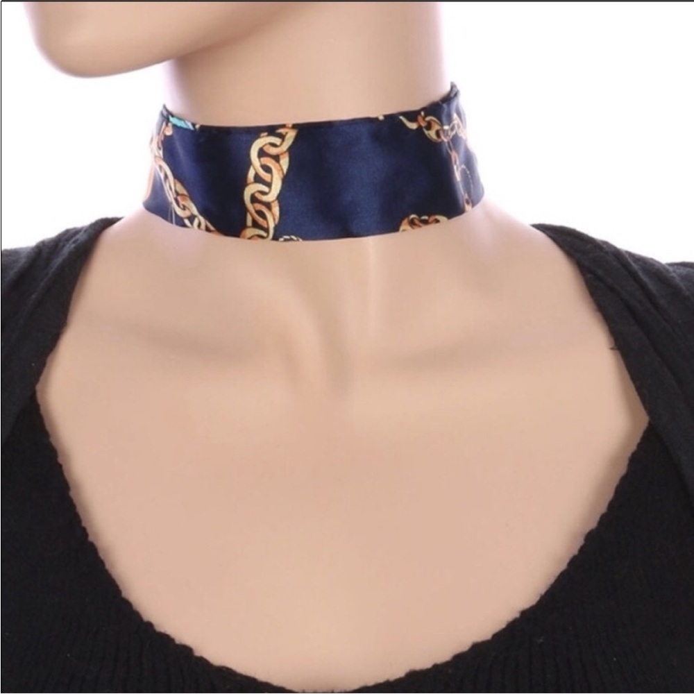 Navy Blue Chain Print Satin Choker Necklace